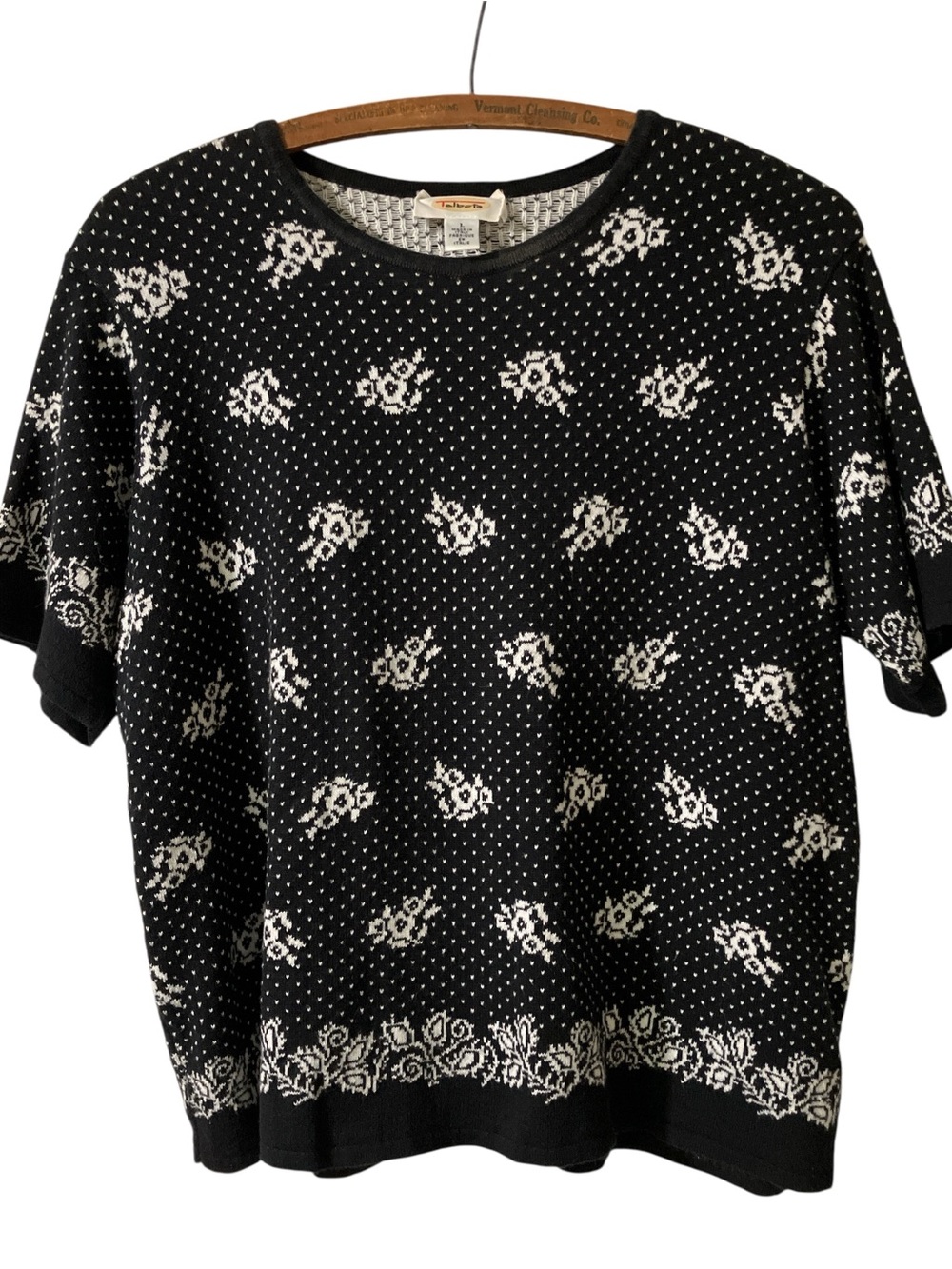 Talbots Sweater Size L Mixed Print Dotty Floral Black and White Short Sleeved